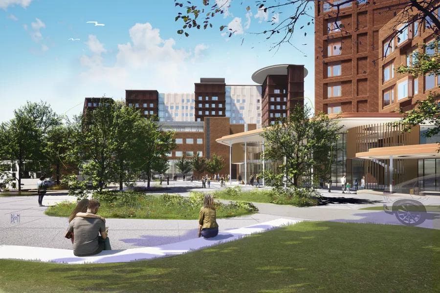 Arkitekturvisualisering av sykehuscampus med park og omkringliggende bygninger