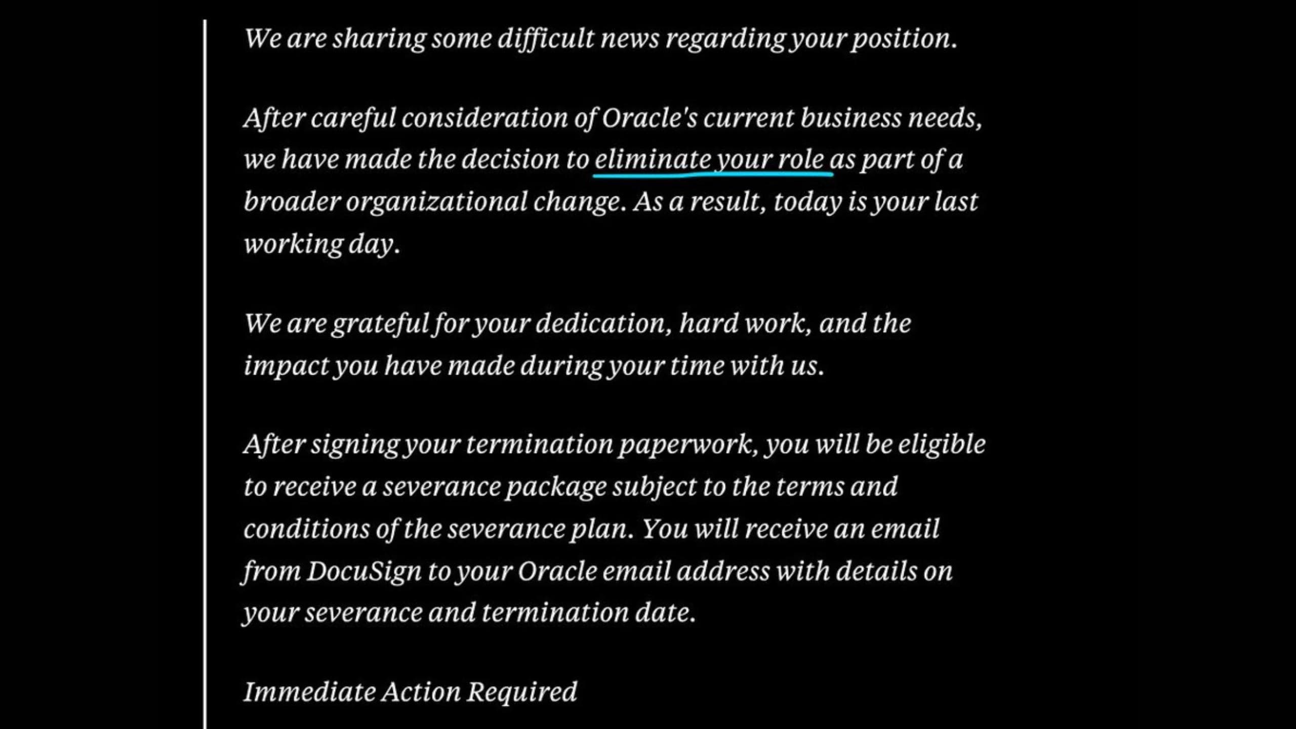Mailen fra Oracle til sine ansatte.