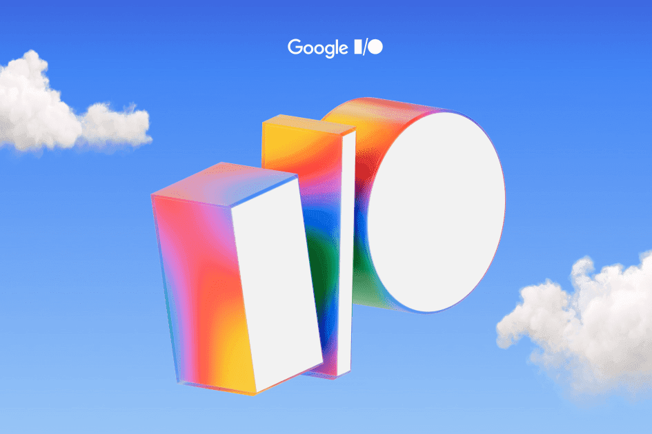 Fargerik 3D-utgave av Google I/O-logoen mot blå himmel